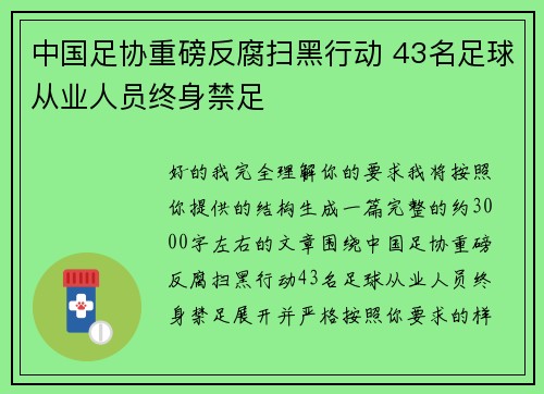 中国足协重磅反腐扫黑行动 43名足球从业人员终身禁足 中国足协重磅反腐扫黑行动 43名足球从业人员终身禁足